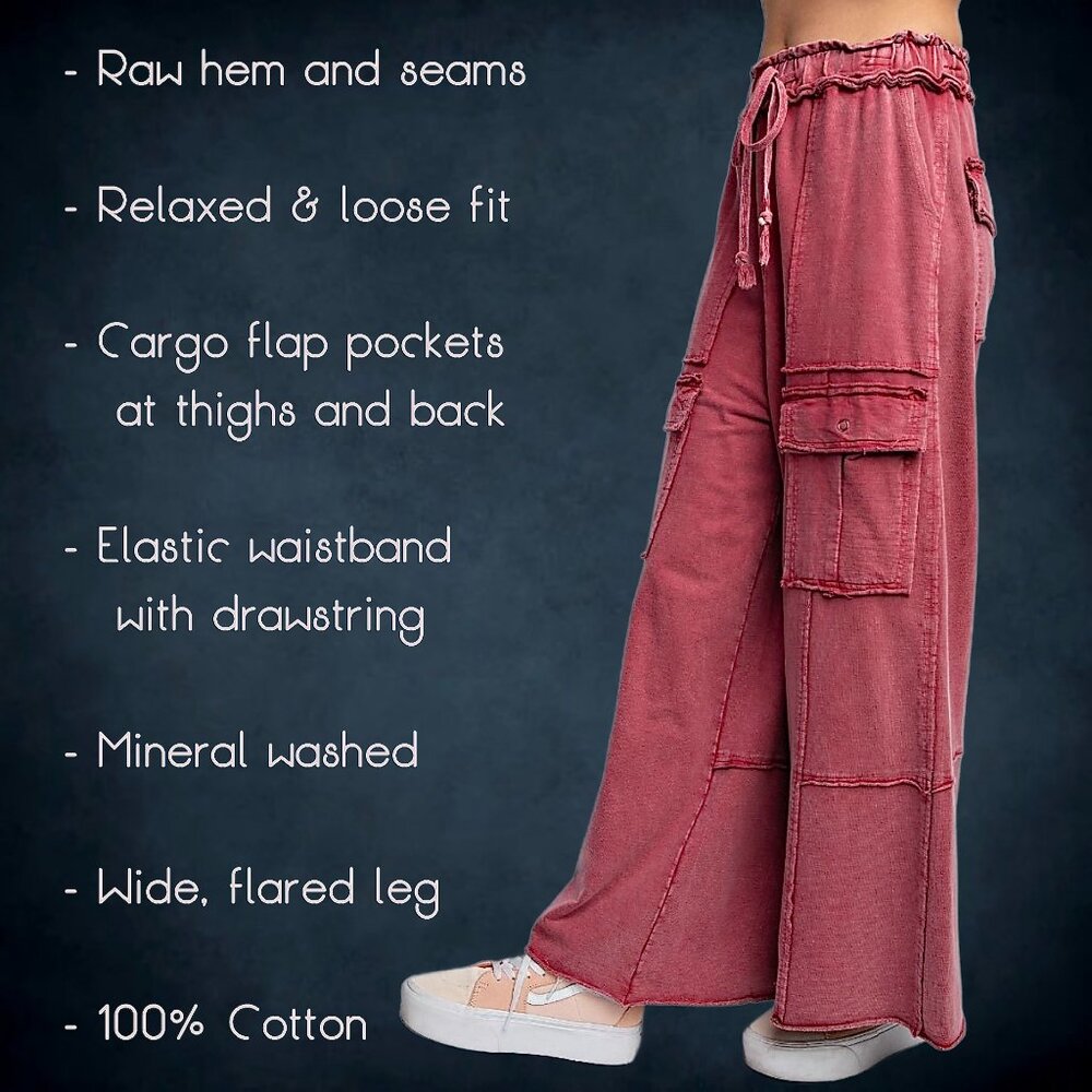 📌 EASEL “Feeling Good Cargos” Mineral Wash Flared Leg Raw Seams & Hems, Pockets - Picture 2 of 16